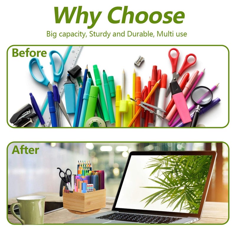 Marbrasse Bamboo Art Supply Organizer, Rotating Pencil Pen Holder, Office Supplies Desktop Storage Caddy, Like Colored Pencils, Pen, Markers, Paint Brushes - Image 5